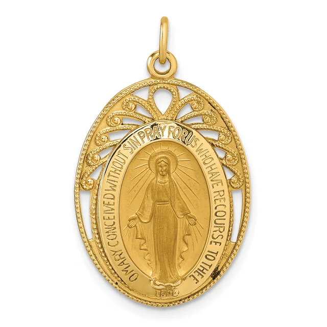 Gold oval religious medal pendant featuring an image of the Virgin Mary in the center, surrounded by decorative filigree openwork and text around the border.