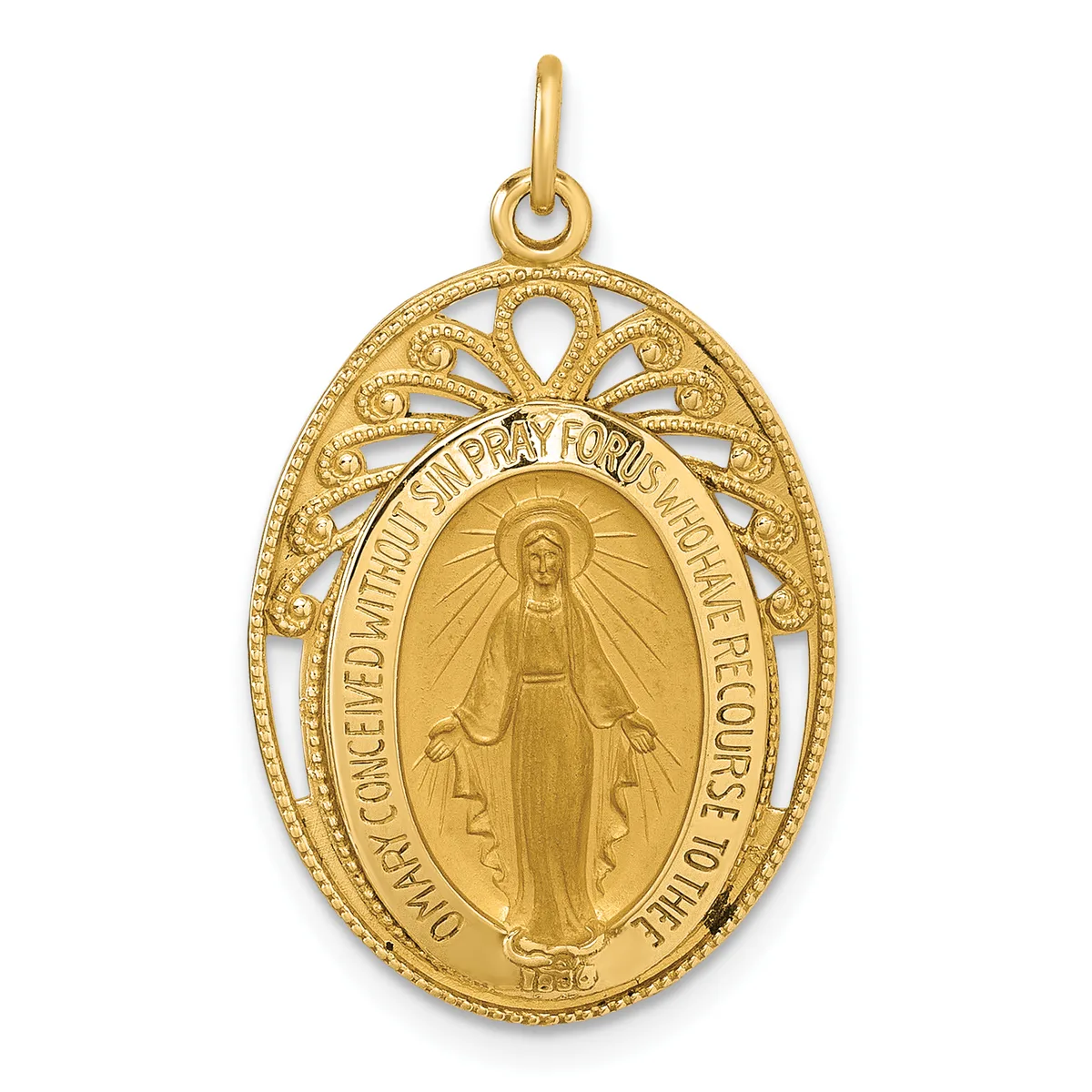 Gold oval religious medal pendant featuring an image of the Virgin Mary in the center, surrounded by decorative filigree openwork and text around the border.