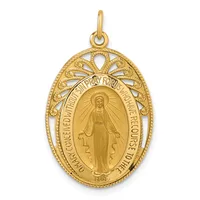 Gold oval religious medal pendant featuring an image of the Virgin Mary in the center, surrounded by decorative filigree openwork and text around the border.