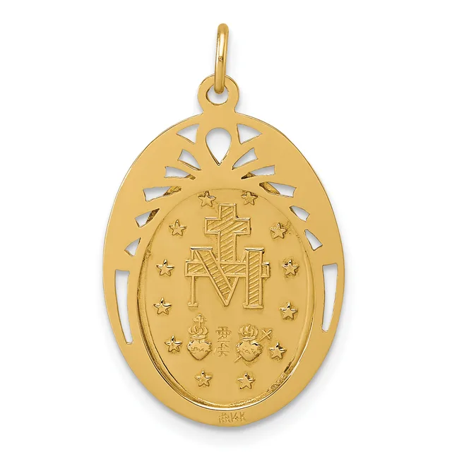 Gold oval pendant with cutout scalloped border, featuring a cross with "M" letters, stars, and two heart designs on the face, suspended from a gold bail.