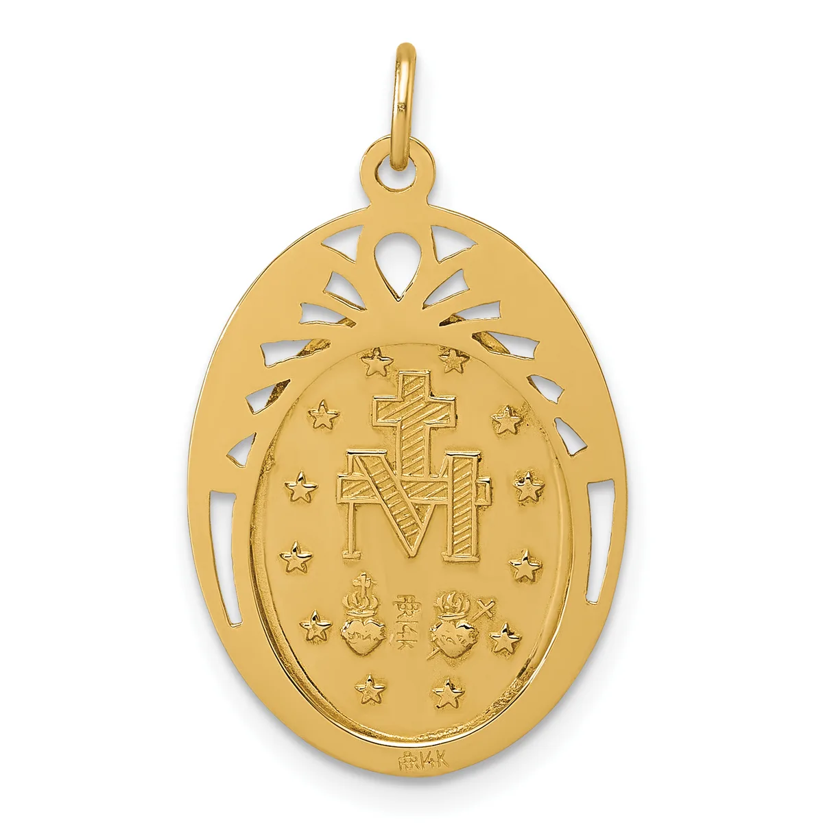 Gold oval pendant with cutout scalloped border, featuring a cross with "M" letters, stars, and two heart designs on the face, suspended from a gold bail.