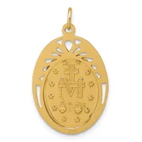 Gold oval pendant with cutout scalloped border, featuring a cross with "M" letters, stars, and two heart designs on the face, suspended from a gold bail.