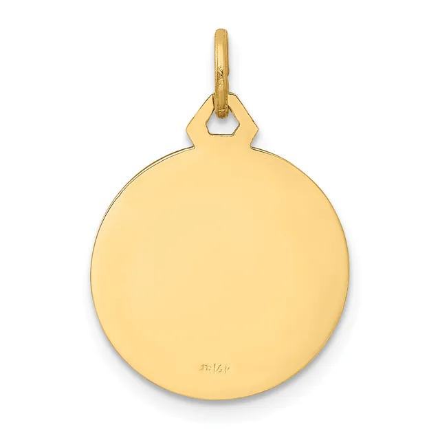 A polished gold circular pendant with a bail loop at the top and a small stamped hallmark on the lower surface.