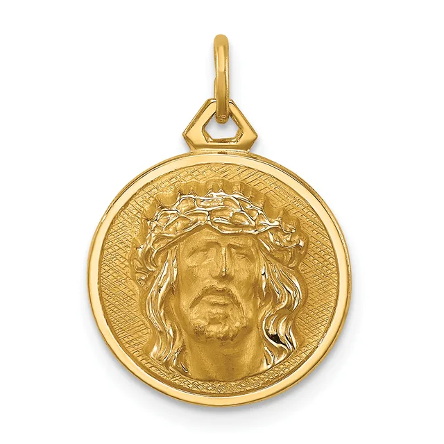 Gold pendant featuring a circular medallion with a relief portrait of Jesus wearing a crown of thorns, suspended from a gold bail.