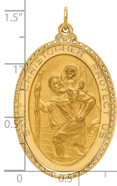 Gold oval pendant featuring Saint Christopher carrying Christ child, with decorative beaded border and loop bail, shown against a measurement scale.