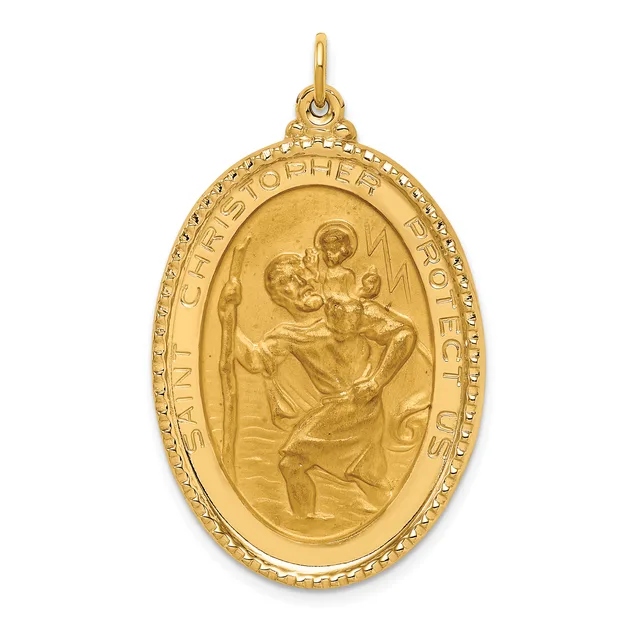 Gold oval pendant with beaded border featuring Saint Christopher carrying the Christ Child, with text around the rim and a small loop at the top for attachment.