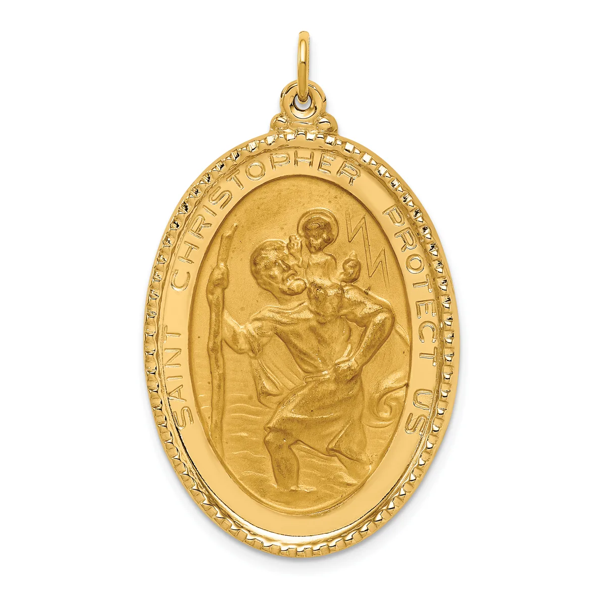Gold oval pendant with beaded border featuring Saint Christopher carrying the Christ Child, with text around the rim and a small loop at the top for attachment.