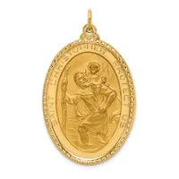 Gold oval pendant with beaded border featuring Saint Christopher carrying the Christ Child, with text around the rim and a small loop at the top for attachment.