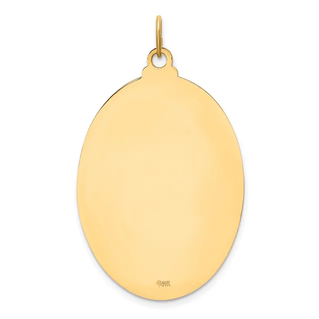 A plain polished gold oval pendant with a small loop at the top for hanging, shown against a white background.