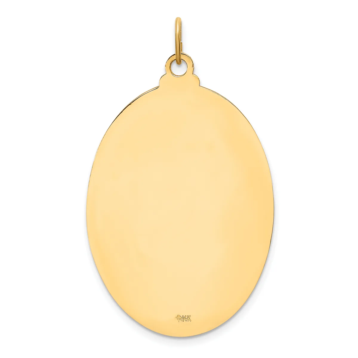 A plain polished gold oval pendant with a small loop at the top for hanging, shown against a white background.