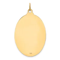 A plain polished gold oval pendant with a small loop at the top for hanging, shown against a white background.