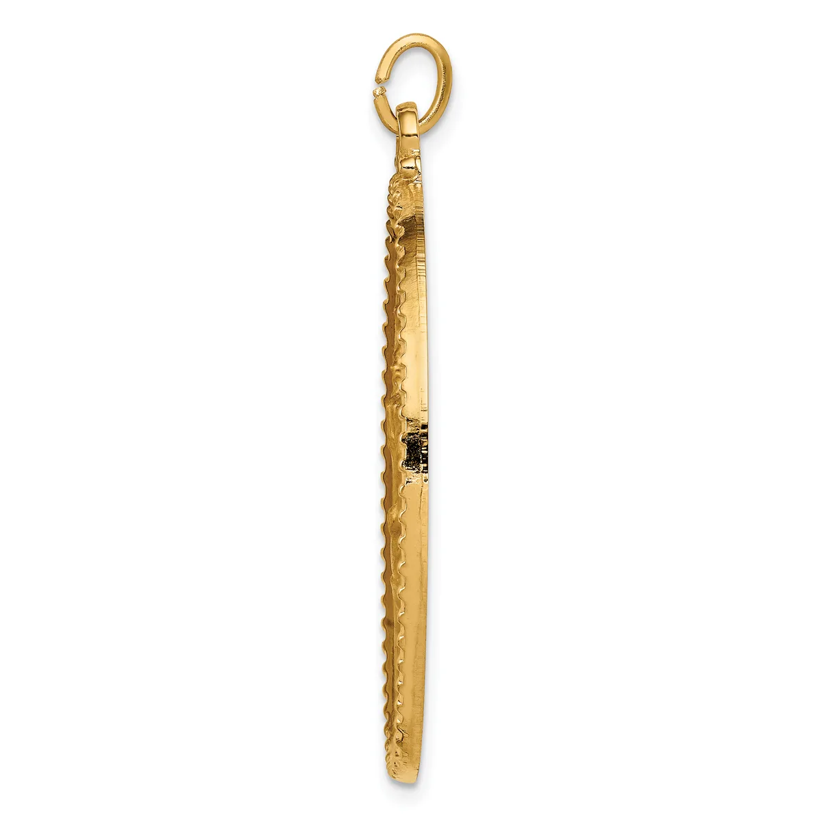 A long gold pendant with textured surface and small black stone inlay, suspended from an oval loop at the top.