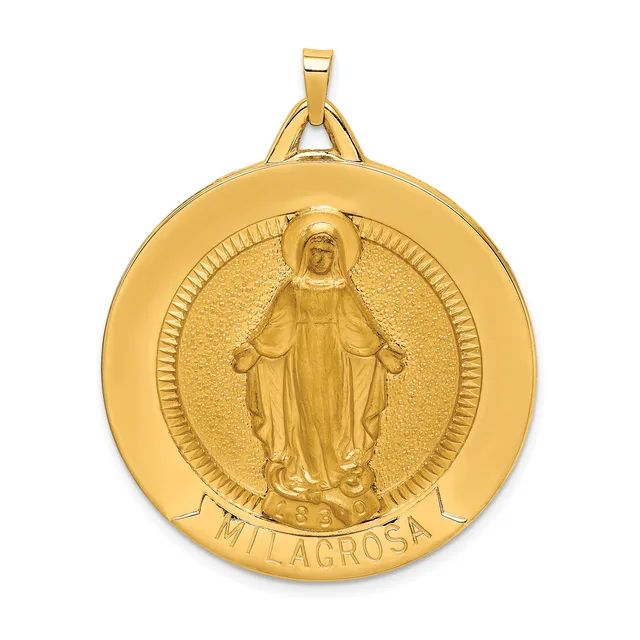 Gold circular religious medal pendant featuring a robed figure with outstretched arms in the center, surrounded by radiating lines and a decorative border, with a small stamped hallmark and hanging loop.
