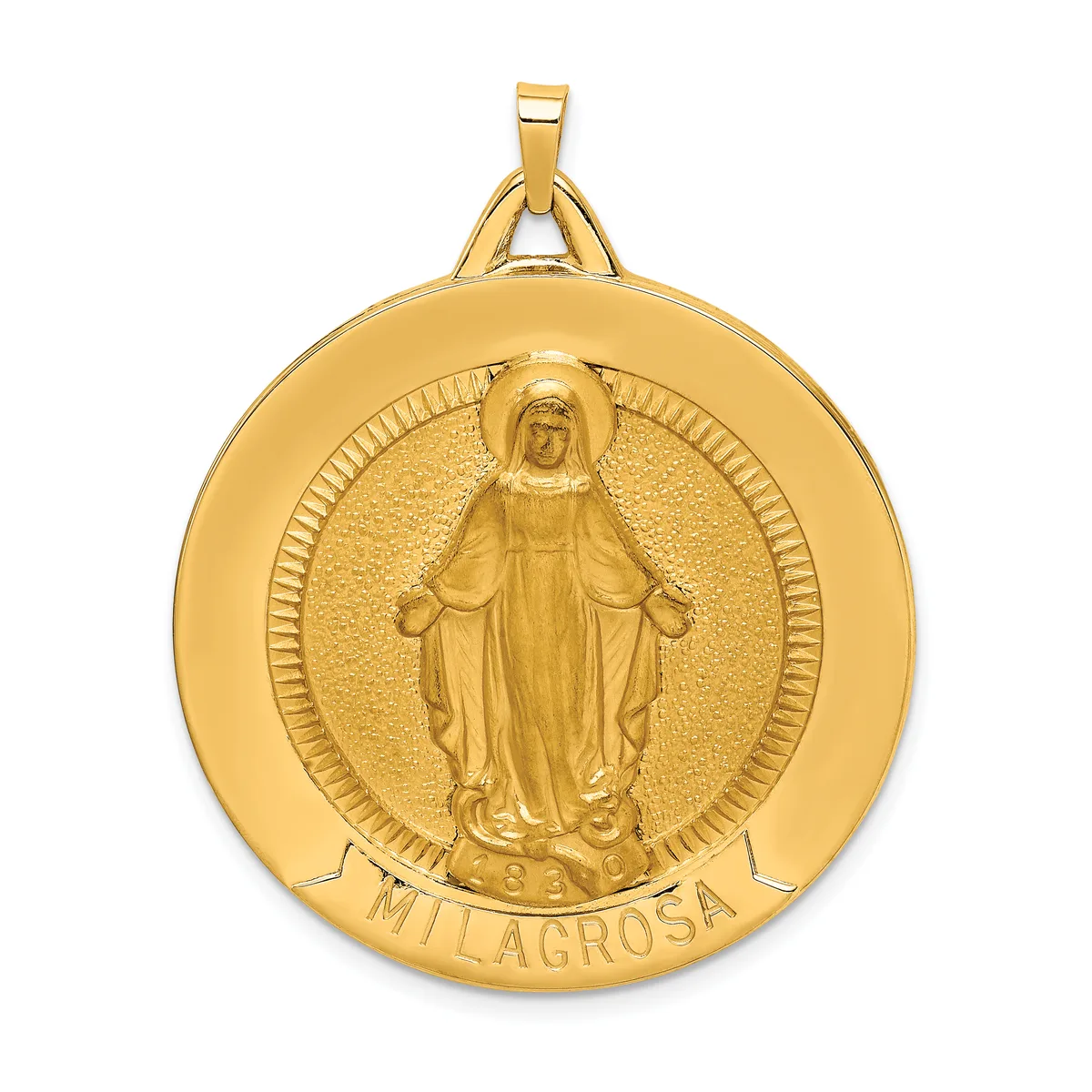 Gold circular religious medal pendant featuring a robed figure with outstretched arms in the center, surrounded by radiating lines and a decorative border, with a small stamped hallmark and hanging loop.