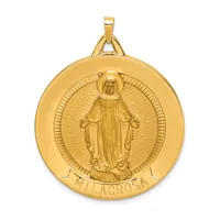 Gold circular religious medal pendant featuring a robed figure with outstretched arms in the center, surrounded by radiating lines and a decorative border, with a small stamped hallmark and hanging loop.