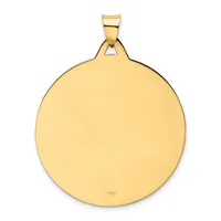 A polished gold circular pendant with a triangular bail attachment at the top, shown against a white background.