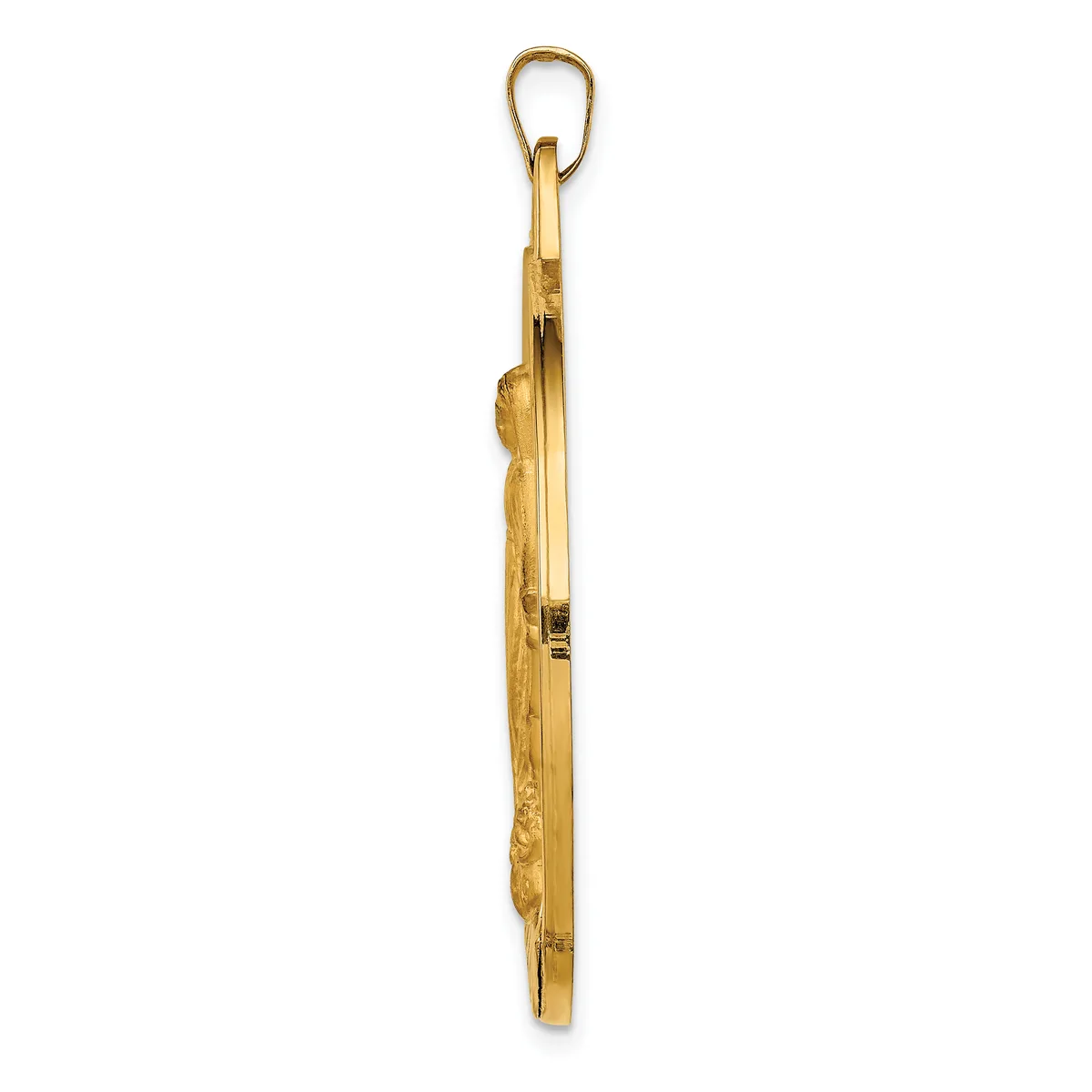 A long narrow wooden pendant with carved relief details and a small metal clasp at the top, shown against a white background.