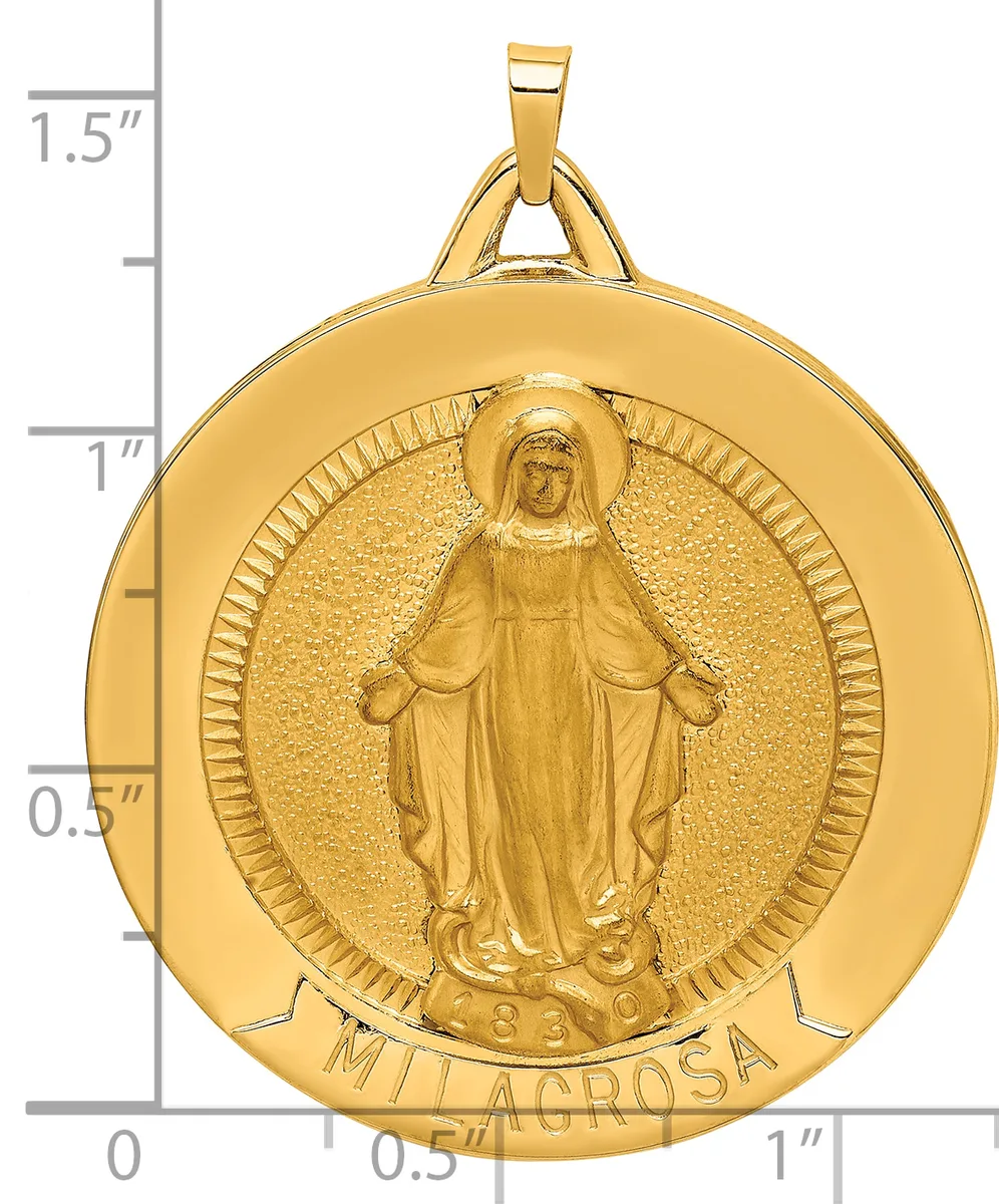 Gold-colored round medallion pendant featuring a religious figure in robes with hands outstretched, surrounded by a textured border, with a measurement scale showing approximately 1.25 inches in diameter.