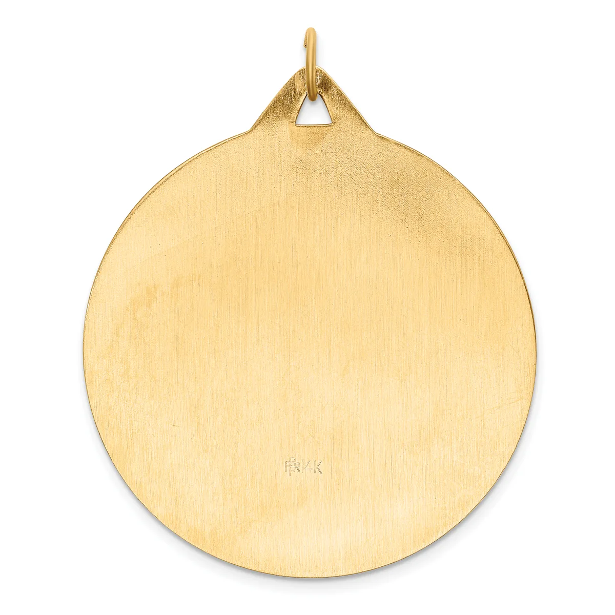 A polished gold-colored circular pendant with a loop attachment at the top, shown against a white background.