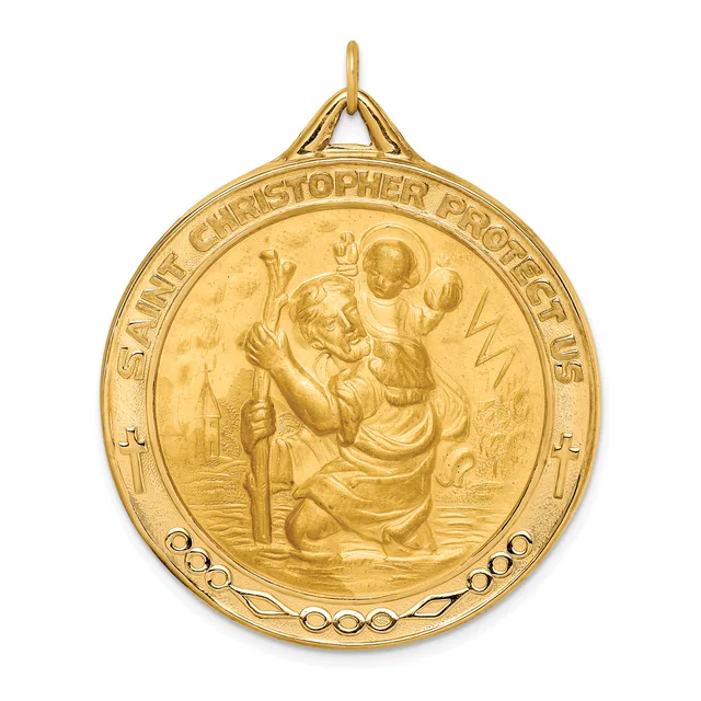 A gold medal pendant featuring Saint Christopher carrying the Christ Child, with text around the rim and a decorative beaded border.