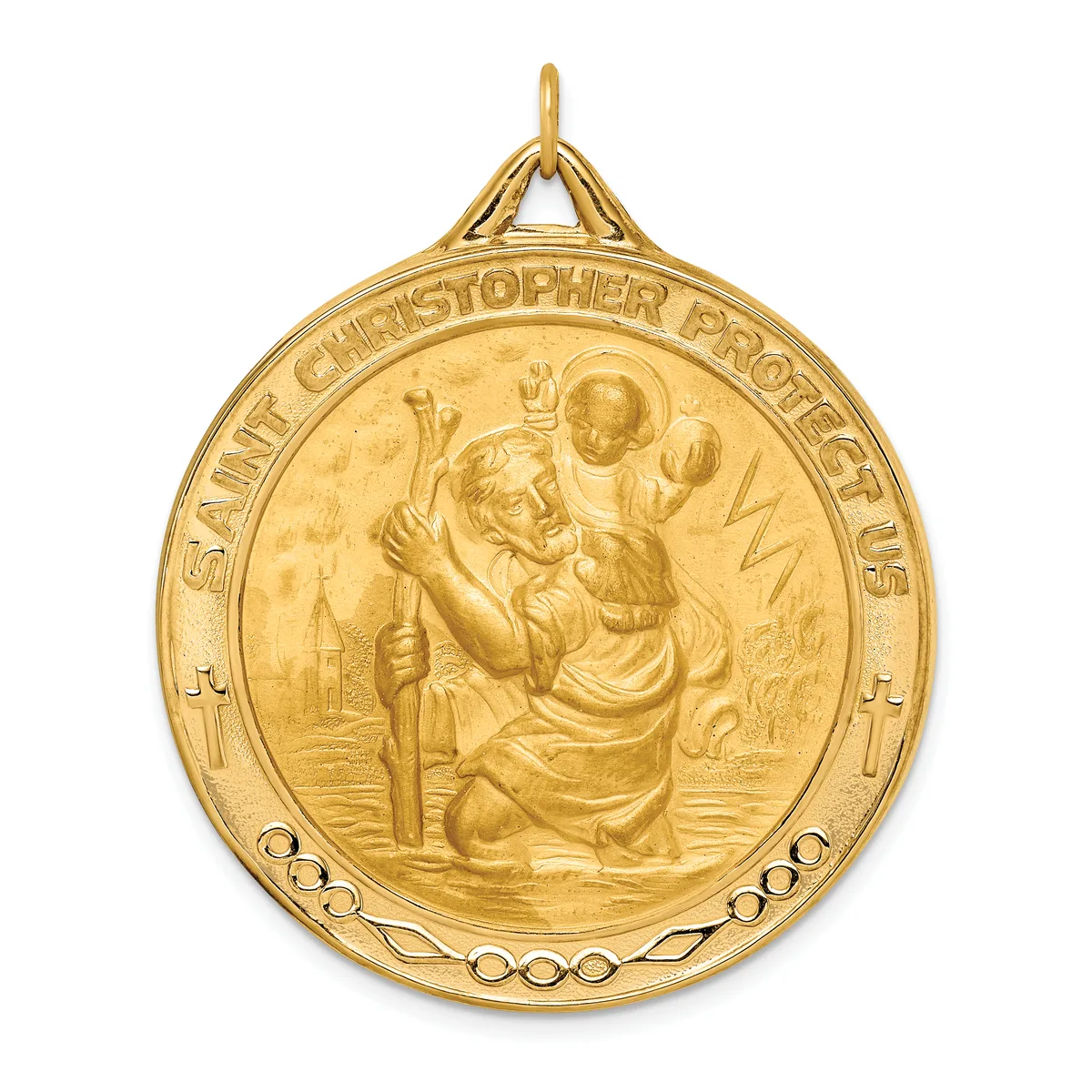 A gold medal pendant featuring Saint Christopher carrying the Christ Child, with text around the rim and a decorative beaded border.