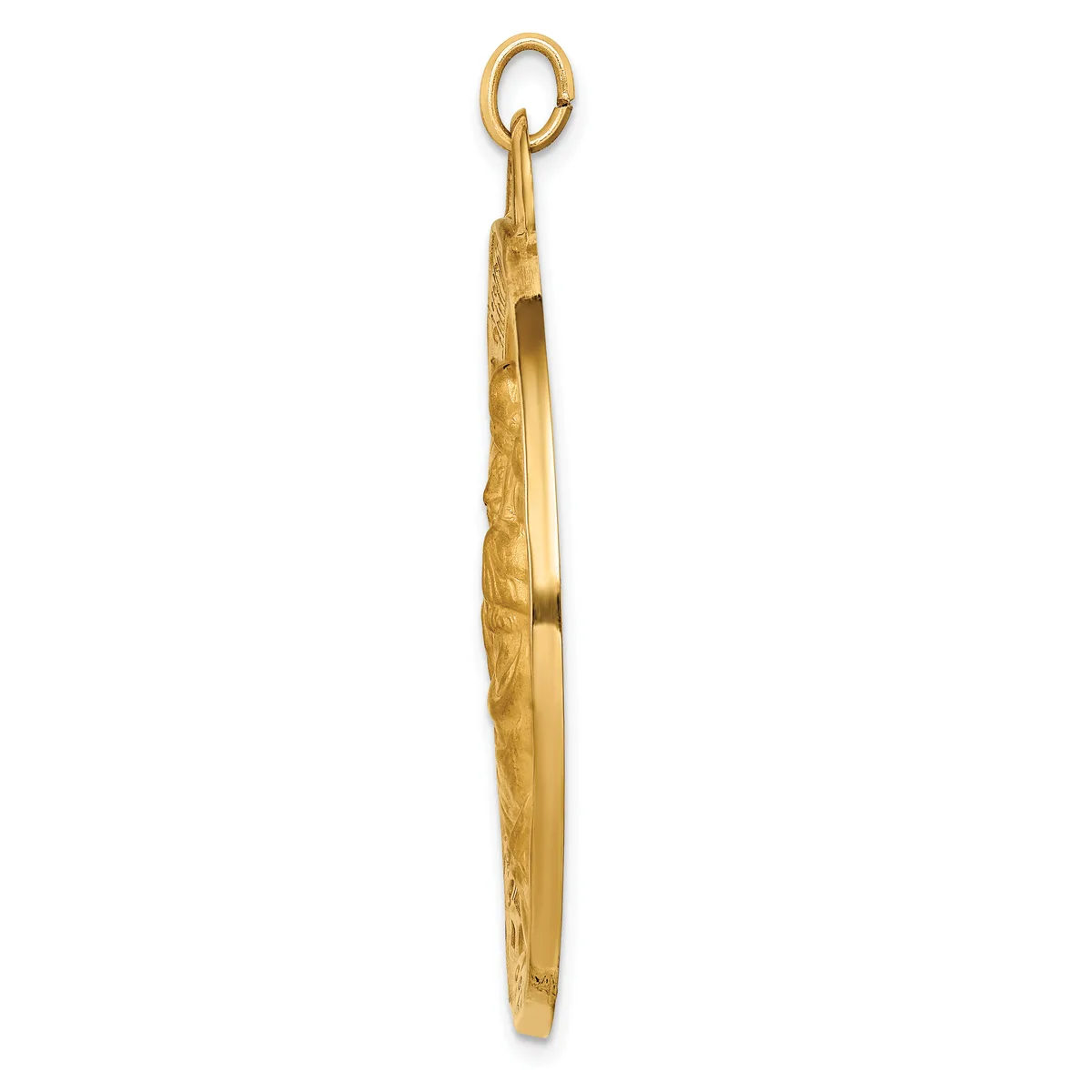 A long, thin gold pendant with textured surface and a loop at the top, shown against a white background.