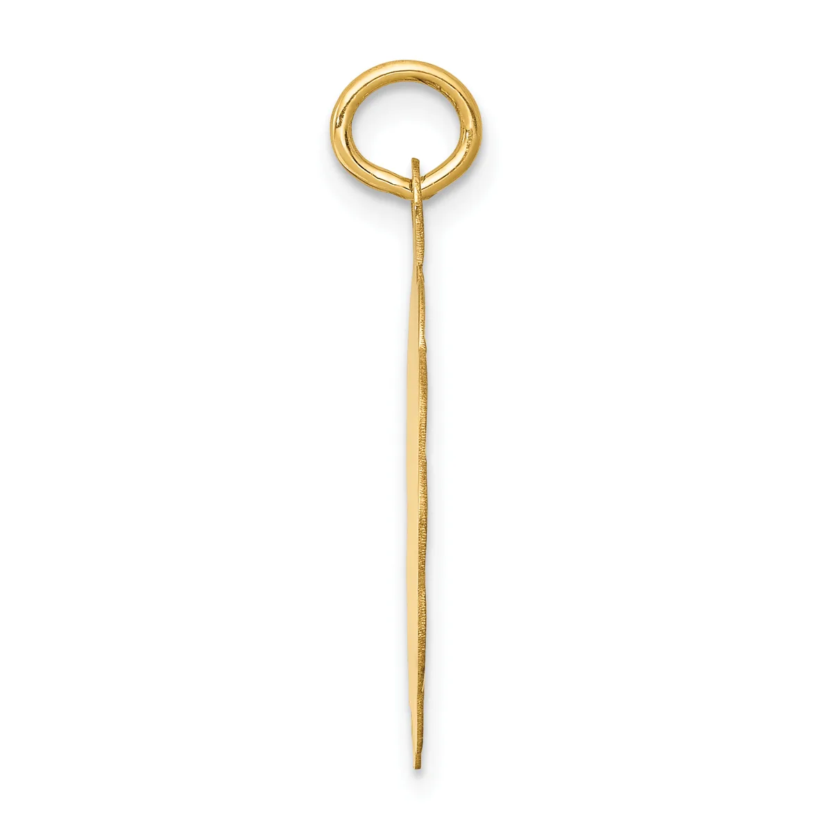 A long, thin gold pendant with a small loop at the top, displayed vertically against a white background.