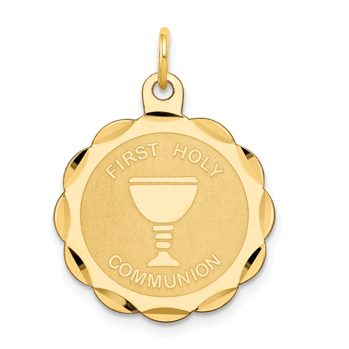 Gold pendant charm with scalloped edges featuring a chalice in the center and "First Holy Communion" text around the rim.