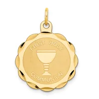 Gold pendant charm with scalloped edges featuring a chalice in the center and "First Holy Communion" text around the rim.