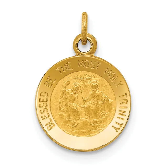 Gold pendant with a circular design featuring two robed figures in the center, surrounded by text reading "BLESSED BE THE MOST HOLY TRINITY" around the rim, with a small loop at the top for hanging.