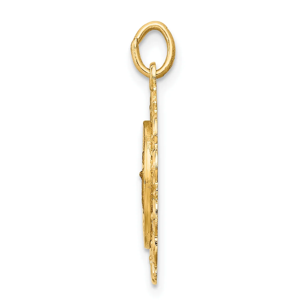 Gold-toned metal pendant with an oval loop at the top and an elongated tapered shaft with textured surface detail, shown against a white background.