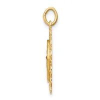 Gold-toned metal pendant with an oval loop at the top and an elongated tapered shaft with textured surface detail, shown against a white background.