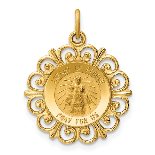 Gold pendant with ornate scrolled border featuring an image of the Infant of Prague with text reading "Infant of Prague" and "Pray for Us" around the circular center.