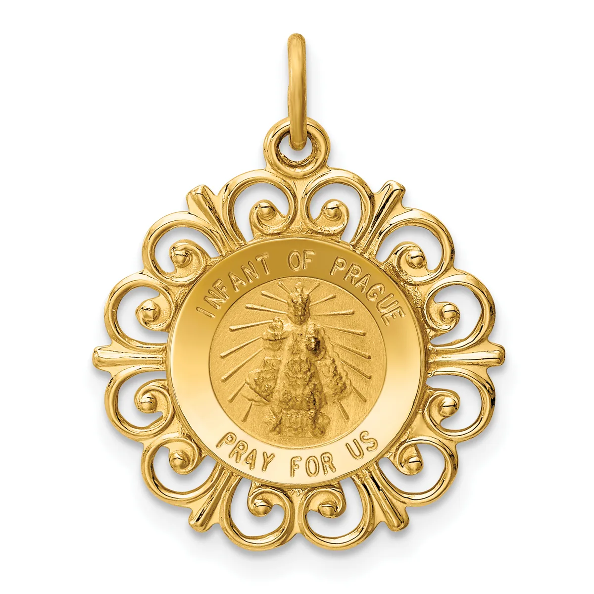 Gold pendant with ornate scrolled border featuring an image of the Infant of Prague with text reading "Infant of Prague" and "Pray for Us" around the circular center.
