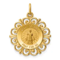 Gold pendant with ornate scrolled border featuring an image of the Infant of Prague with text reading "Infant of Prague" and "Pray for Us" around the circular center.