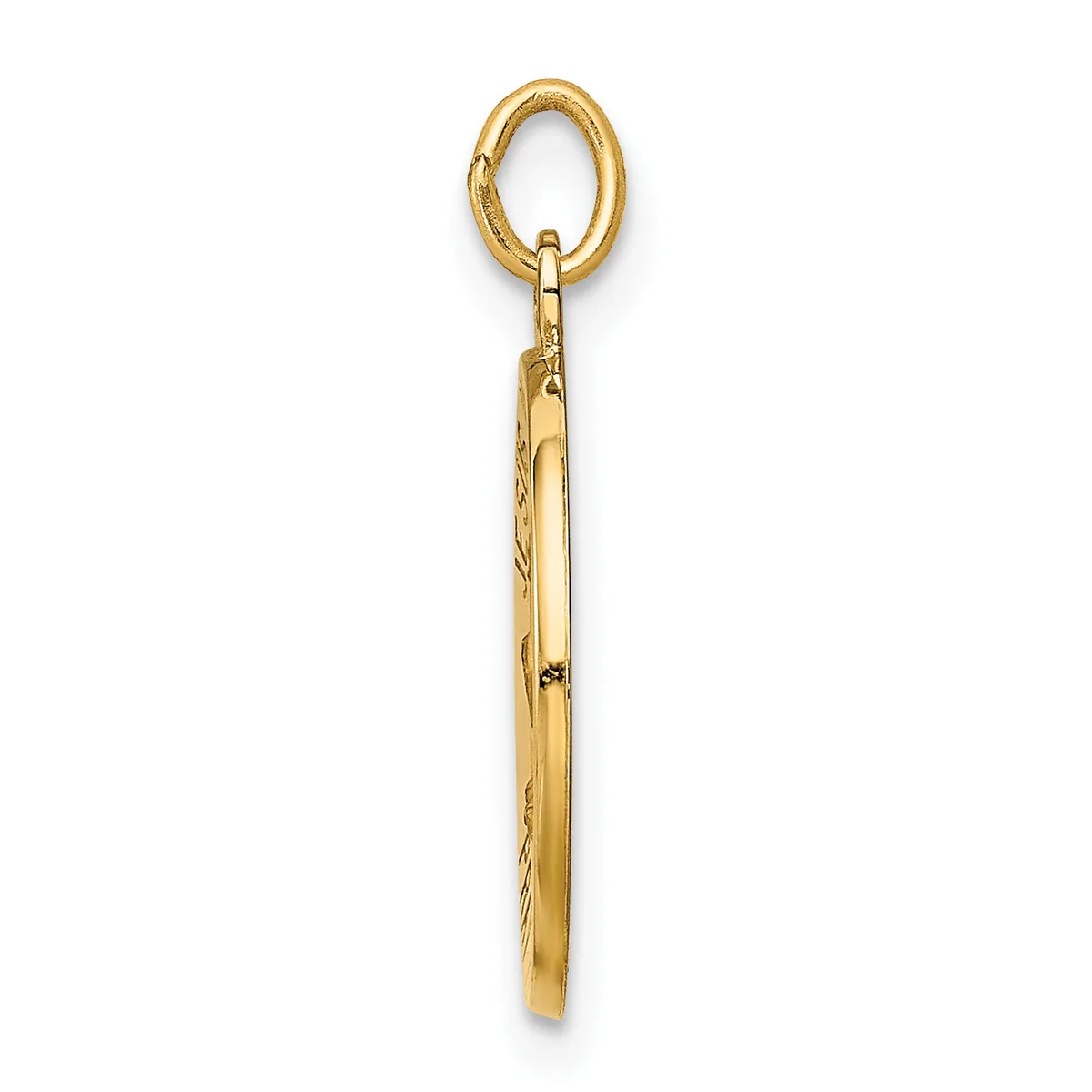 Gold-toned metal pendant with an oval loop at the top and a long tapered bar below, featuring decorative etched detailing along the shaft.