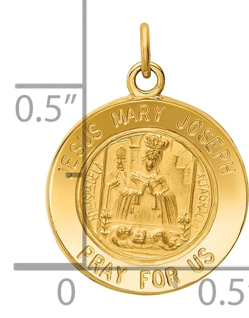 Gold round pendant with a loop bail featuring a center circular medallion of Mary and Joseph with "PRAY FOR US" text around the outer rim, shown against a measurement scale.