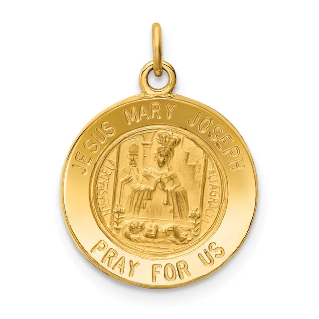 Gold circular pendant featuring a relief image of Jesus, Mary, and Joseph in the center, surrounded by text reading "JESUS MARY JOSEPH" and "PRAY FOR US" on the outer ring, with a small loop at the top for attachment.