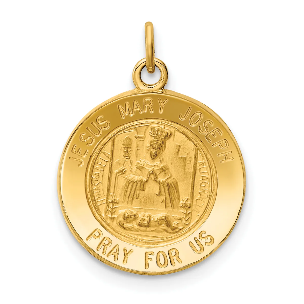 Gold circular pendant featuring a relief image of Jesus, Mary, and Joseph in the center, surrounded by text reading "JESUS MARY JOSEPH" and "PRAY FOR US" on the outer ring, with a small loop at the top for attachment.
