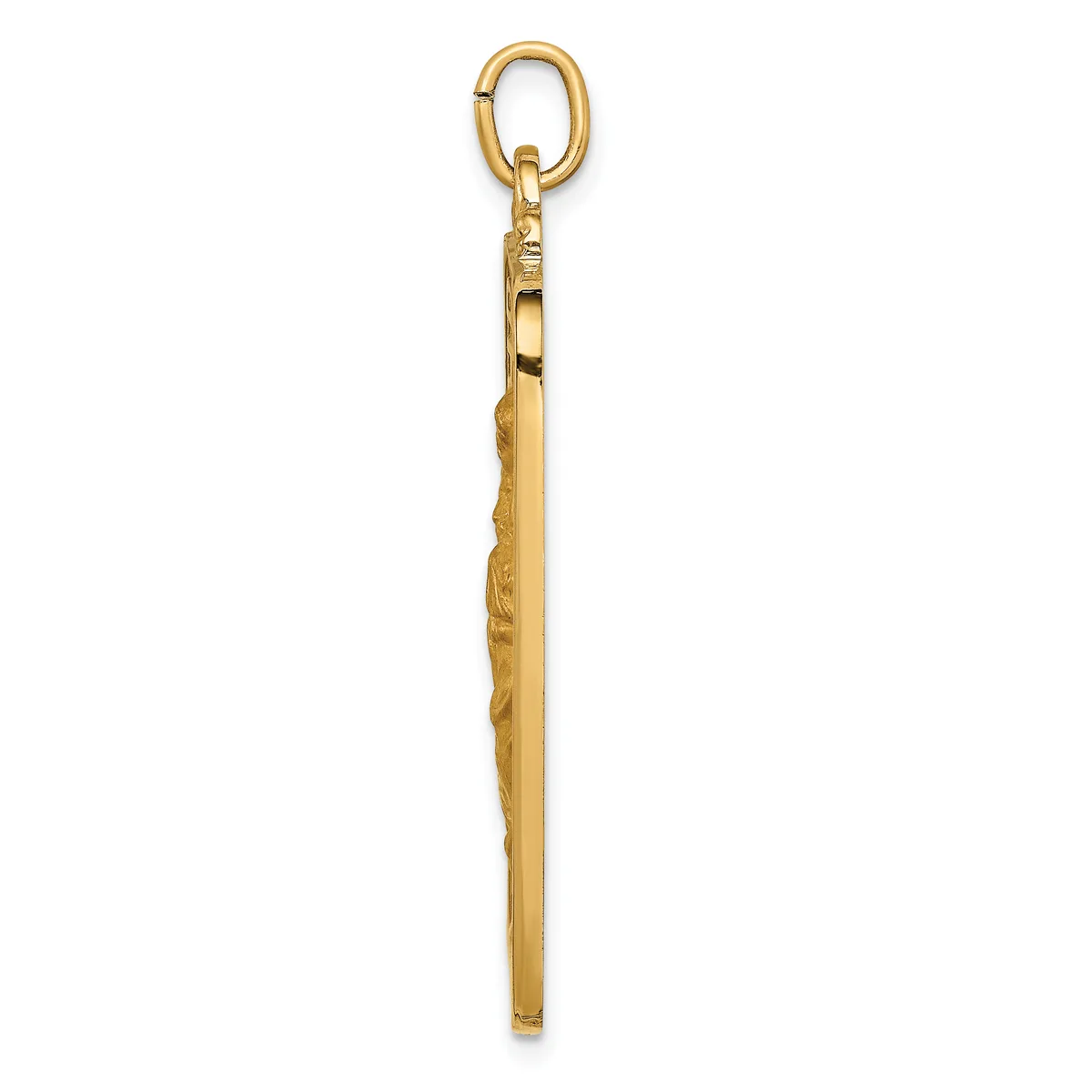 A long gold pendant charm consisting of a rectangular bar with textured surface detail, suspended from a gold oval loop connector at the top.