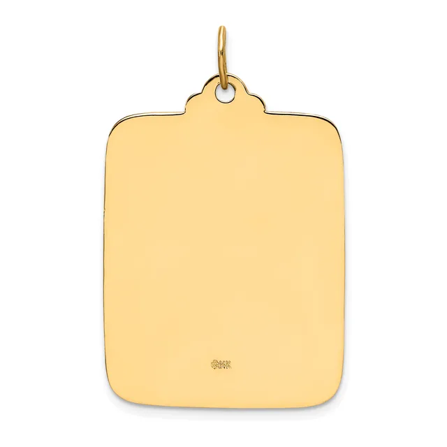 A plain rectangular gold pendant with rounded corners and a small stamped hallmark, suspended from a thin bail loop.