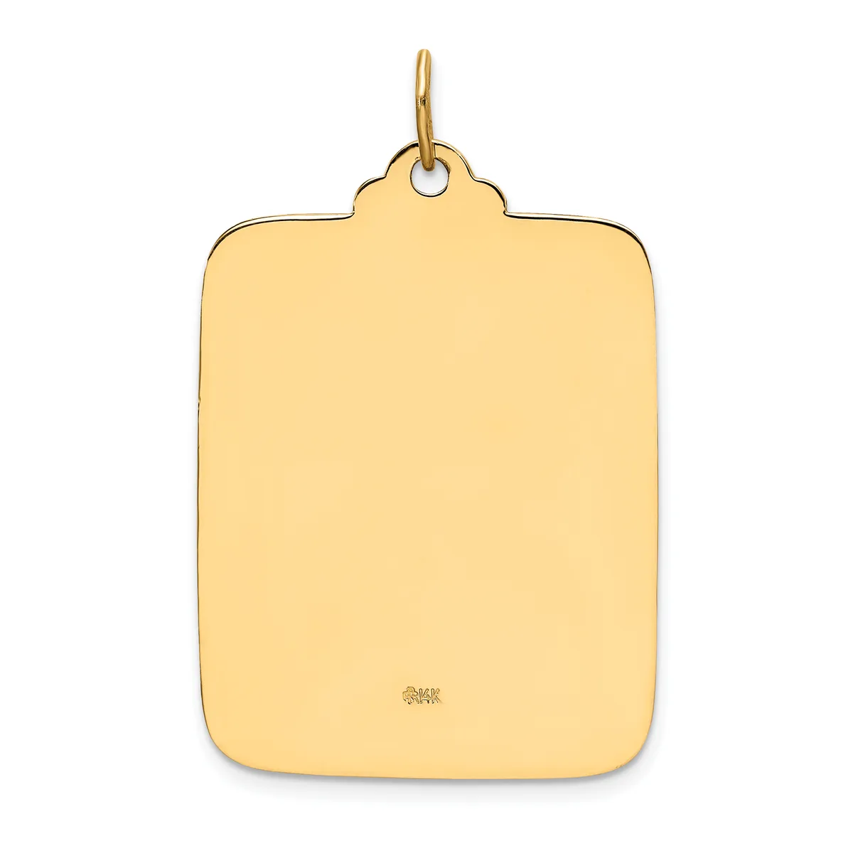 A plain rectangular gold pendant with rounded corners and a small stamped hallmark, suspended from a thin bail loop.
