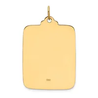A plain rectangular gold pendant with rounded corners and a small stamped hallmark, suspended from a thin bail loop.