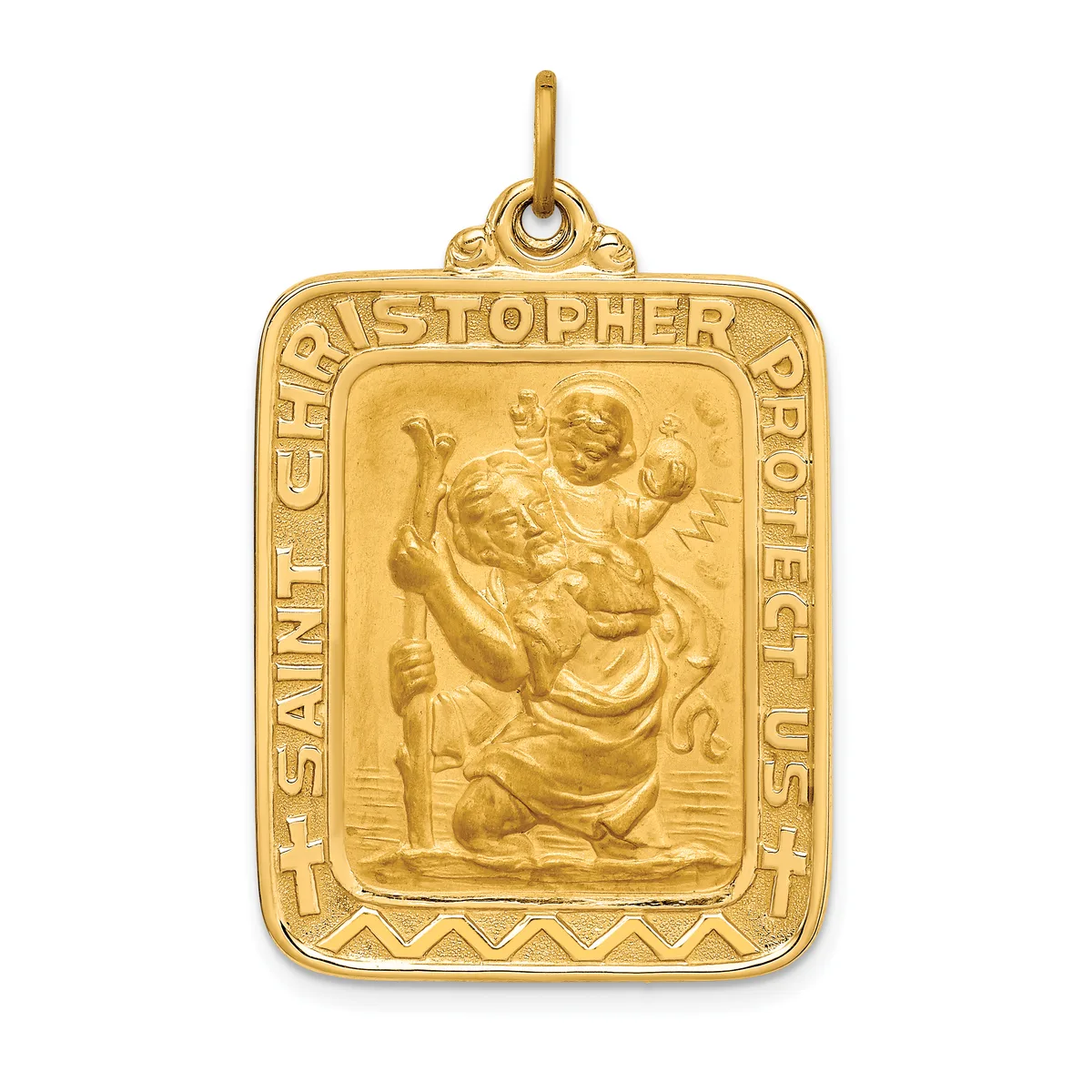 Gold rectangular pendant featuring Saint Christopher carrying the Christ Child, with text around the border and a decorative Greek key pattern at the bottom.