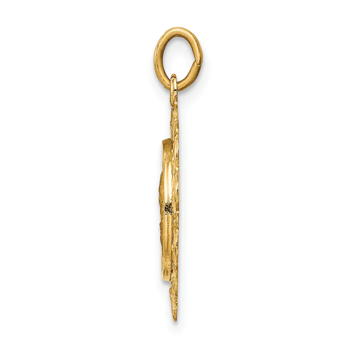A gold pendant featuring an oval loop at the top connected to an elongated textured shaft with tapered pointed ends.