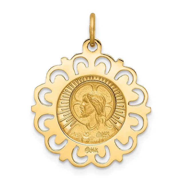 Gold pendant with an ornate scalloped frame surrounding a circular coin featuring a profile portrait and radiating lines.
