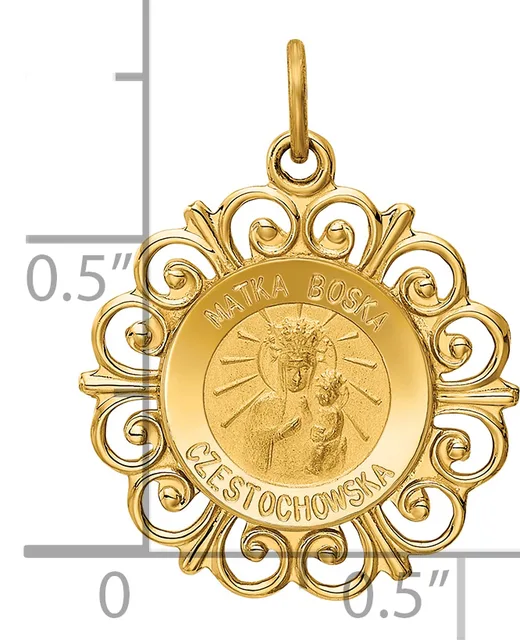 Gold-toned ornate round pendant with scrollwork border and religious imagery in center, shown with measurement scale indicating approximately 0.5 inches in height and width.