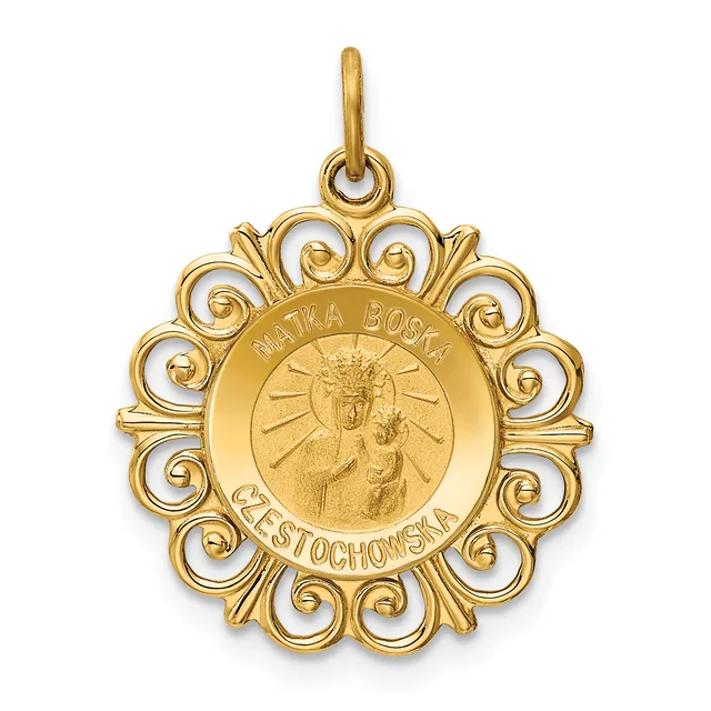 Gold pendant with ornate scrolled border featuring a circular center disc depicting a Madonna and child figure with radiating lines and text around the rim.