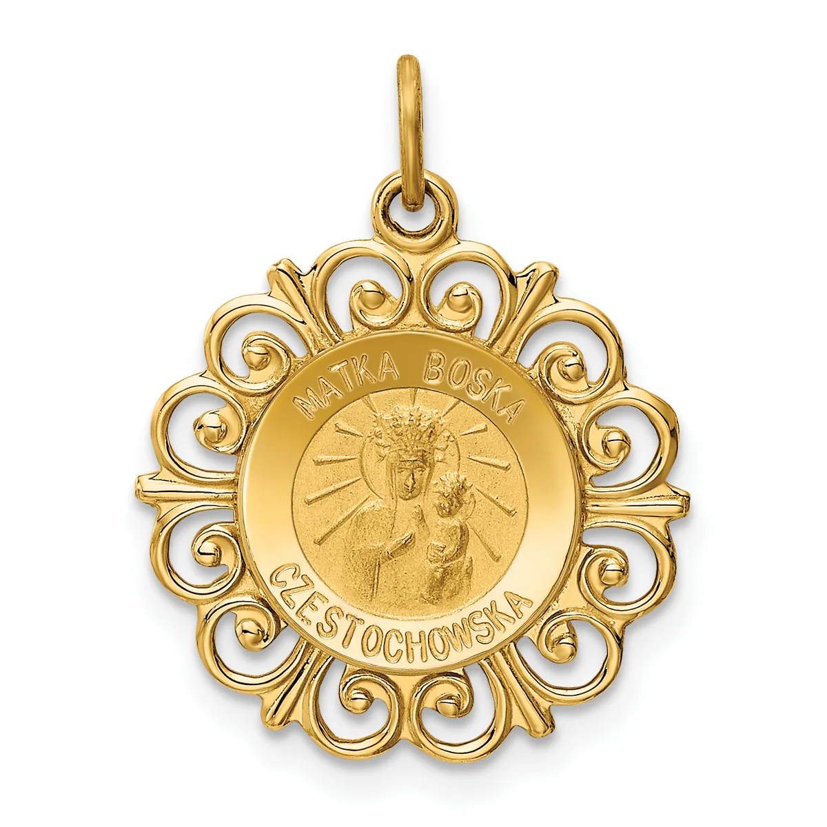 Gold pendant with ornate scrolled border featuring a circular center disc depicting a Madonna and child figure with radiating lines and text around the rim.