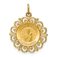 Gold pendant with ornate scrolled border featuring a circular center disc depicting a Madonna and child figure with radiating lines and text around the rim.